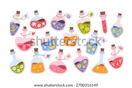Colorful set of magic elixir and mystical potion bottles filled with shimmering, glowing liquids