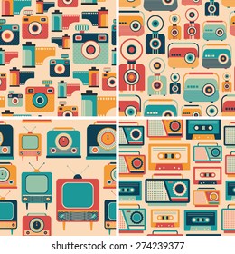 Colorful set of media retro seamless patterns.