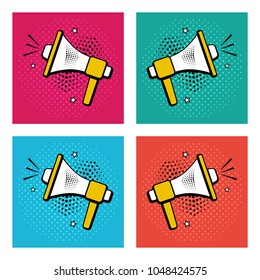 Colorful set of megaphone icons in pop art style. Vector illustration