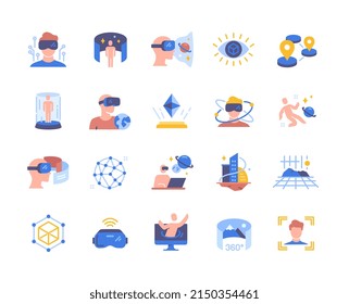 Colorful set of metaverse icons. Bright stickers with computer games, VR digital glasses, modern technologies and gadgets. Futuristic world. Cartoon flat vector collection isolated on white background