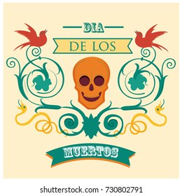 Colorful set of mexican dia de los muertos (day of the dead) and halloween. Sugar skull (in Spanish calavera), cemetery, spikes, snake, calacas, cempasúchil. Invitation, banner, flier. Vector eps10