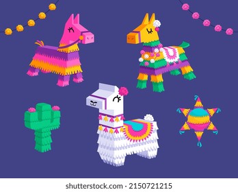 Colorful set of Mexican pinatas. Paper containers in form of llama, donkey, star and cactus. Decorations with sweets for holiday or festival. Cartoon flat vector collection isolated on blue background