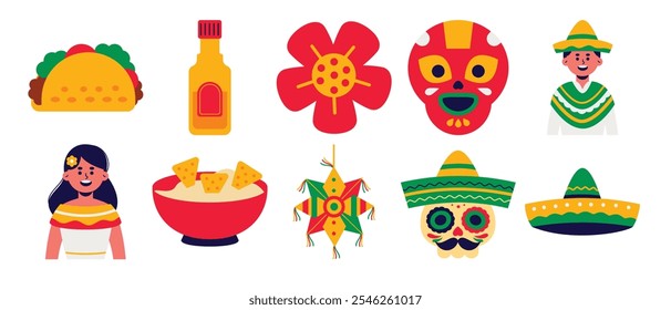 Um conjunto colorido de ícones com temas mexicanos apresentando tacos, sombreros, pinatas, salsa e símbolos culturais, projetados em um estilo vibrante e festivo para projetos culturais.