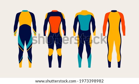 Colorful set of modern bright wetsuits isolated on pastel background. Flat design. Vector illustration 商業照片 © 