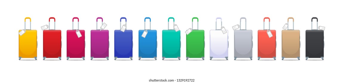 Colorful set of modern plastic suitcases with wheels, retractable handle and luggage tag label on suitcase with country code and barcode. Polycarbonate suitcases isolated on white.