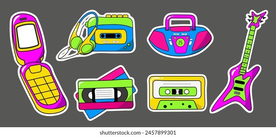 Colorful set of music stickers, badges, in 80s - 90s comic style, musical instruments, symbols and objects in cartoon style, set of trendy retro stickers in hipster style. Fashion illustrations in y2k
