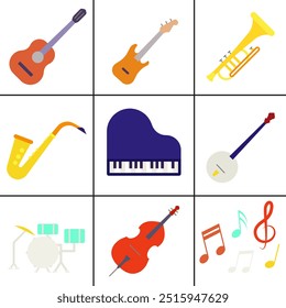A colorful set of musical instruments. Image of musical instruments for jazz and blues. EPS 10.