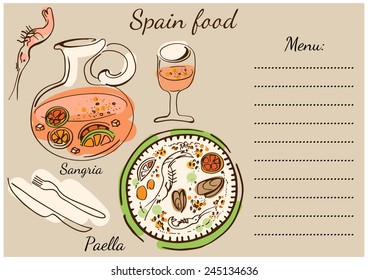 Colorful set of national Spainish dishes. Paella, sangria, wine, shrimp.