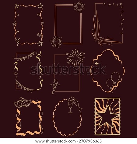 Colorful Set of New Year Elegant Frames, hand-drawn borders with New Year Party Ornament.