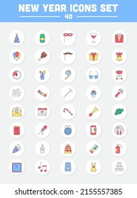 Colorido Conjunto De Iconos Planos De Año Nuevo Sobre El Fondo Círculo.
