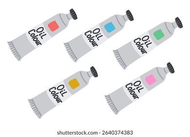 Colorful set of oil paint tubes in flat vector style on white background. Concept represents artistic creativity, painting process and color selection