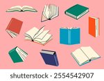 Colorful Set of Open and Closed Book, stickers collection, clip art. Educational theme, scientific and fiction literature. Vector illustration