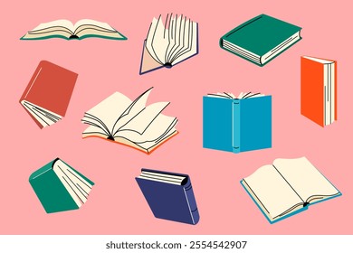 Colorful Set of Open and Closed Book, stickers collection, clip art. Educational theme, scientific and fiction literature. Vector illustration