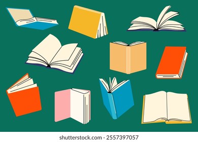 Colorful Set of Open and Closed Book, stickers collection, clip art. Educational theme, scientific and fiction literature. Vector illustration