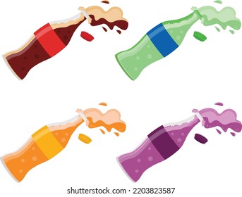 Colorful set of open soda bottles (explode) of fizzy lemonade. Brown, yellow and green bottles of soda drinks. Vector illustration, flat design element, cartoon style. Isolated on white background.