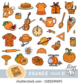 Colorful set of orange color objects. Visual dictionary for children about the basic colors. Cartoon images to learning in kindergarten and preschool