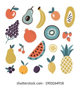 Colorido conjunto de frutas y bayas tropicales orgánicas o comida vegetariana de fondo blanco. Icono de colección dibujado a mano del vector en estilo plano