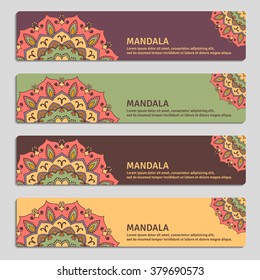 Colorful set of ornamental banners with flower mandala. Vintage decorative elements. Vector illustration. Editable element under clipping mask.