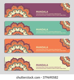 Colorful set of ornamental banners with flower mandala. Vintage decorative elements. Vector illustration. Editable element under clipping mask.