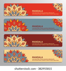Colorful set of ornamental banners with flower mandala in red, beige, blue, vinous colors. Vintage decorative elements. Vector illustration. Editable element under clipping mask.
