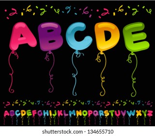 Colorful set of party balloons in alphabet shapes.