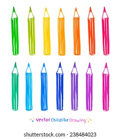 Colorful set of pencils. Childlike felt pen drawing. Vector illustration, isolated.