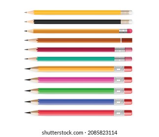 Colorful set of pencils isolated on white background with soft shadow. Vector illustration.