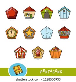 Colorful set of pentagon shape objects. Visual dictionary for children about geometric shapes. Education set for studying geometry.