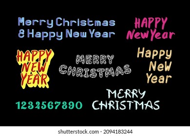 Colorful set phrases Merry Christmas and Happy New Year on dark background. Template text for greeting card, website, banner