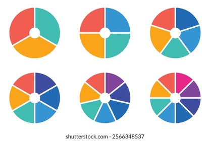 A colorful set of pie and donut charts featuring circle charts, sectioned circle pieces, and round donut chart segments. These business infographic vector illustrations are perfect