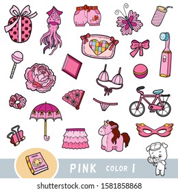 Colorful set of pink color objects. Visual dictionary for children about the basic colors. Cartoon images to learning in kindergarten and preschool