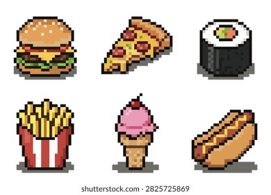 A colorful set of pixel art fast food icons featuring burger pizza sushi fries ice cream and hot dog for retro games