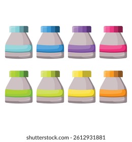 A colorful set of plastic paint containers. A set of acrylic and watercolor paints. Elements of drawing tools.