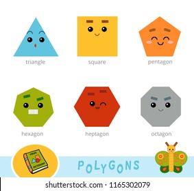 Conjunto colorido de polígonos. Dicionário visual para crianças sobre formas geométricas. Conjunto educacional para estudar geometria.