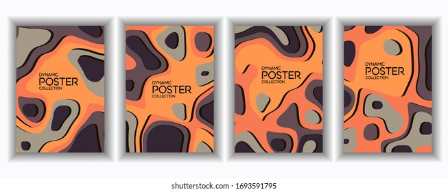 A colorful set of posters for printing, the effect of paper cut, volumetric application with a predominance of orange, brown and gray.