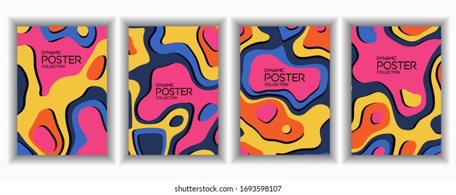 A colorful set of posters for printing, the effect of cropping paper, volumetric application with a predominance of purple, orange, yellow and blue.