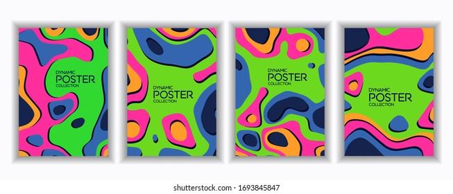 
Un colorido conjunto de afiches para impresión, el efecto de recorte de papel, aplicación volumétrica con un predominio de tonos púrpura, azul, verde y naranja, rosa.
