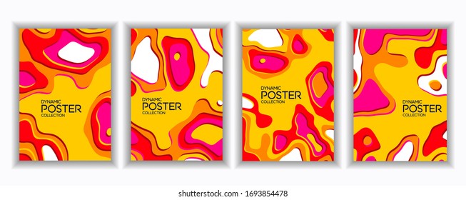 A colorful set of posters for printing, the effect of paper cropping, volumetric application with a predominance of orange, red, pink and white shades.