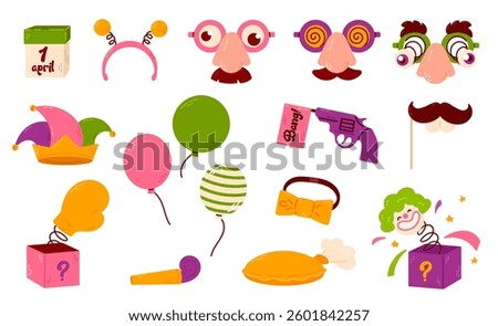 A colorful set of prank and joke items for April Fools' Day, including funny glasses, mustaches, toy guns, balloons, and surprise boxes. Perfect for humor and celebration designs.