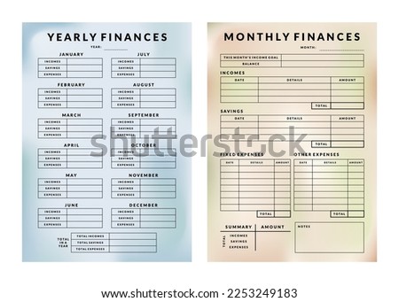 Colorful Set of Printable Vector Monthly, Yearly Budget Planner and Financial Tracker Template with Gradient Background