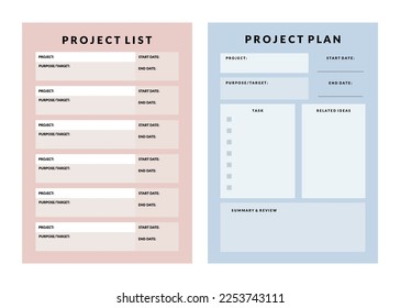 Colorido conjunto de planificadores de proyectos de vectores imprimibles, configuración de objetivos y plantilla de seguimiento para empresas, organizadores, programación, registro en diario, plan de manifiesto