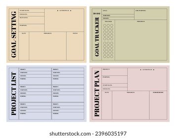 Colorful Set of Printable Vector Project Planner, Goal Setting and Tracker Template for Business, Organizer, Schedule, Journaling, Manifesting Plan