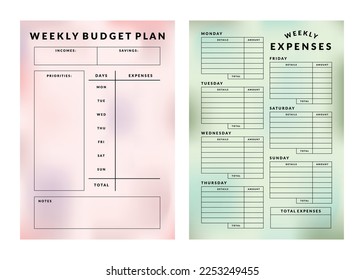 Colorido conjunto de planificador de presupuesto semanal de vectores imprimibles y plantilla de rastreador financiero con fondo degradado