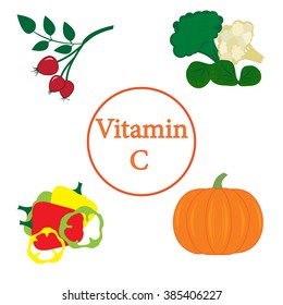 Colorful set of products which contain the most vitamin C on a white background