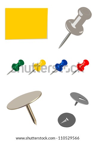 Colorful set of pushpins and tacks isolated on white background