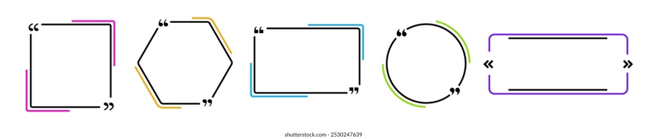 Conjunto colorido de quadro de citação sem texto. Caixa de comunicação vazia, azul, verde, amarela.