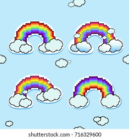 Colorful set rainbow. Rainbow and cloud icon of pixel art style. Vector Illustration for print, textile, wrapping, wallpapers, web background, cover, banner, flyer.