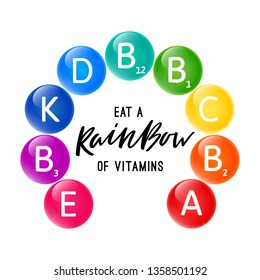 Colorful Set of the Rainbow Colored Bubble Vitamins. Bright Infographic with Lettering. Round Illustration of Pills. Vector Icons