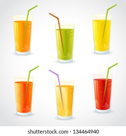 Colorful set of realistic glasses with juice and straw