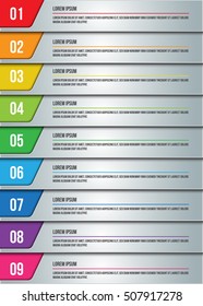 Colorful Set Of Rectangle Horizontal Banner, 9 Progress Steps, Financial/Business Infographic, Number and Text Information Design. Vector Illustration.